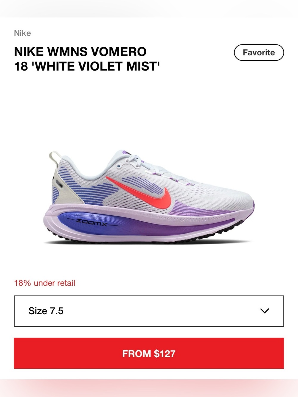Nike WMNS Vomero 18 - White Violet Mist with Coral Swoosh